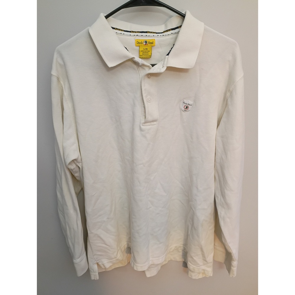 Duck Head Mens Long Sleeve Polo Shirt Cream Off White Cotton Pique Large Logo